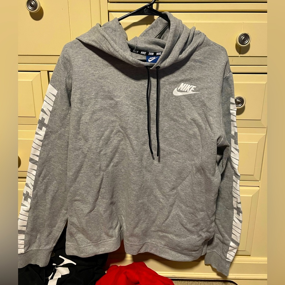 Grey Nike Sweatshirt W/ White Lettering on Sleeves
